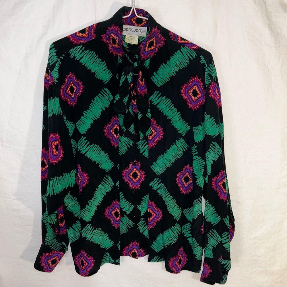 Vintage Ciaosport 100% Silk Blouse w/ Pussybow Tie Neck  - Size 8